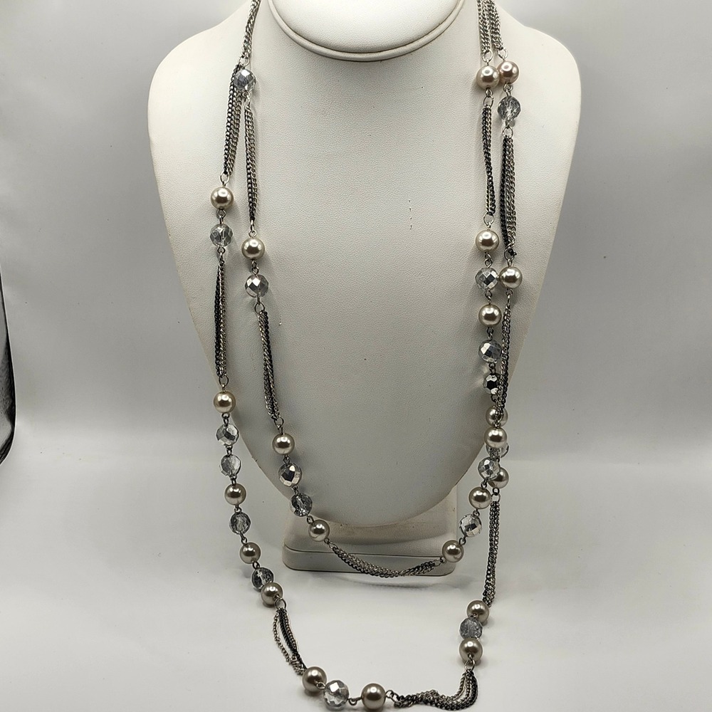 Express Multi Strand Long Layered Necklace Faux Pearl‎ Crystal Silver Tone Chain